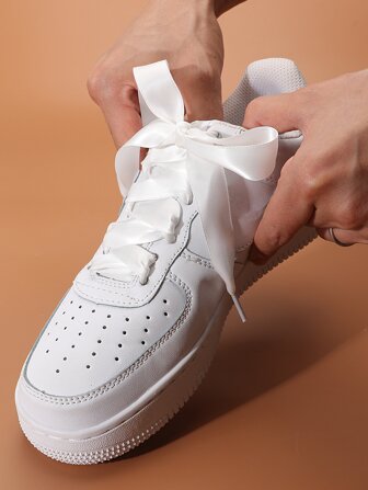 1pair Satin Ribbon Shoelaces, Candy-Colored Double-Sided Cool Color Tin Glossy Lace Wide Flat Woven Silk Satin Weave Lace, For Women Men Sneakers Shoes, Casual Shoes,White Shoes