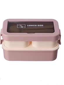 1 件装双层塑料午餐盒，带分隔，适合办公室职员和学生，可微波炉加热，多功能户外食品容器 - 粉色 - 查看 1