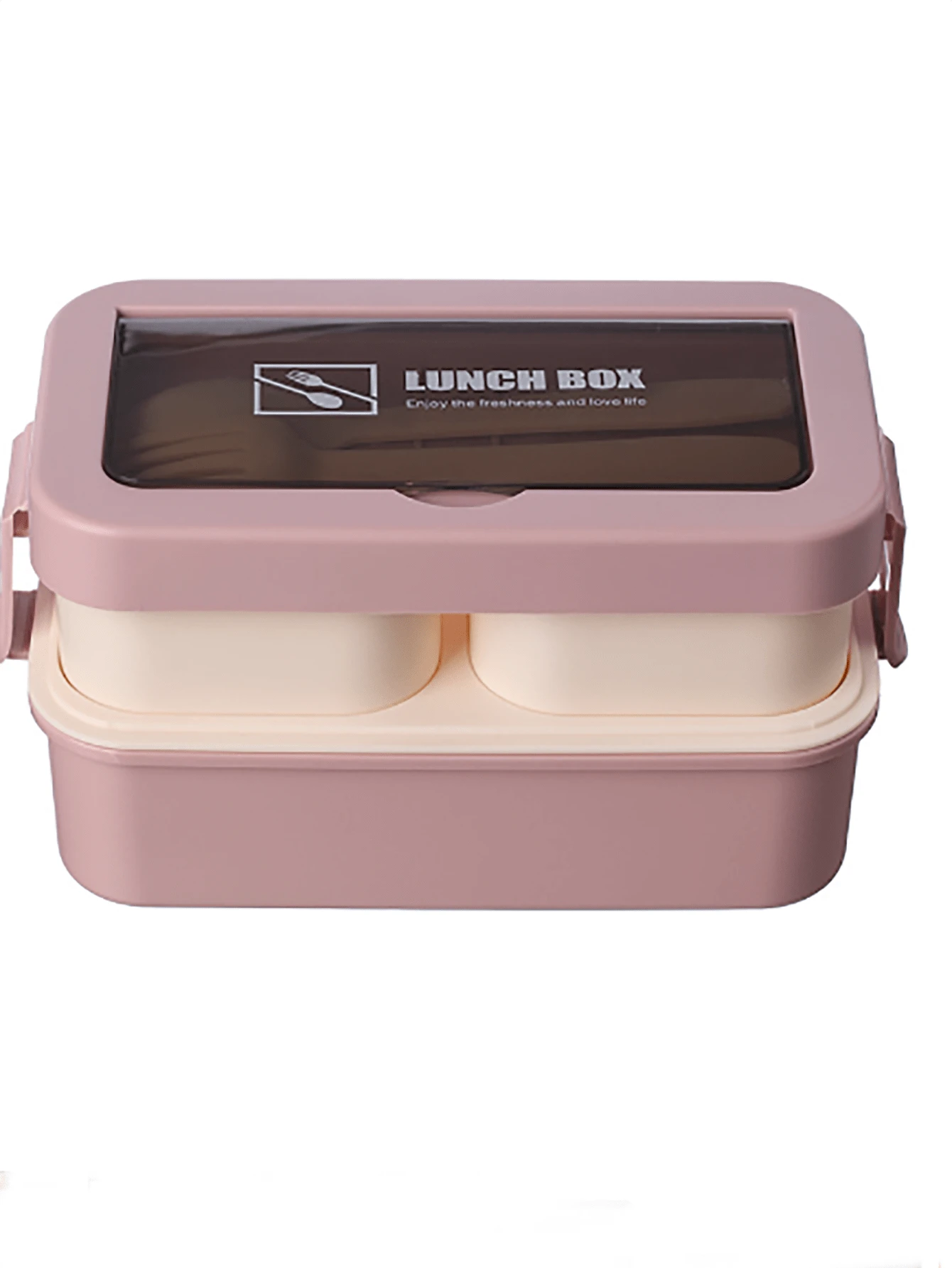1 件装双层塑料午餐盒，带分隔，适合办公室职员和学生，可微波炉加热，多功能户外食品容器 - 粉色 - 查看 1