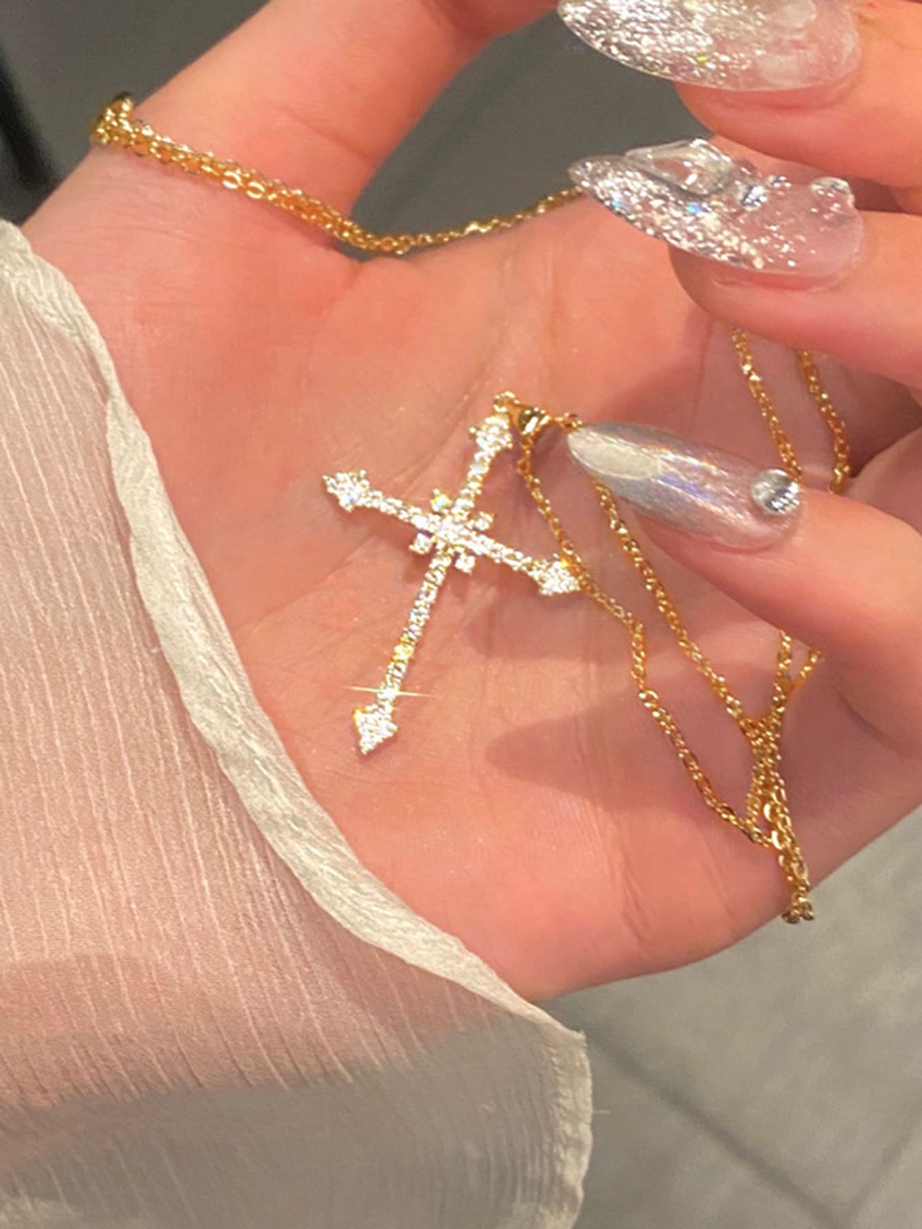 1pc Ladies' Fashion Crystal Cross Pendant Necklace Party Y2k Gift - Yellow Gold - View 1