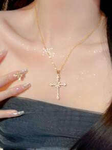 1pc Ladies' Fashion Crystal Cross Pendant Necklace Party Y2k Gift - Yellow Gold - View 2