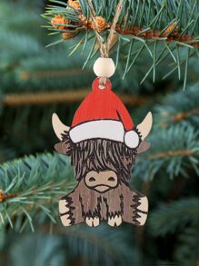 1pc Vintage Western Style Christmas Hat & Cow Shaped Wooden Decorative Hanging Ornament