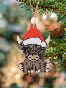 1pc Vintage Western Style Christmas Hat & Cow Shaped Wooden Decorative Hanging Ornament