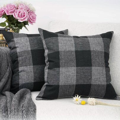 1入組經典方格圖案亚麻枕套,秋天和冬天客廳沙發裝飾靠墊套