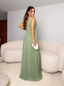 Vestido de festa formatura madrinhas lilás menta oliva e mais cores sem brilho alça larga evento dia e tarde jm - Verde Militar - Visão 2