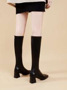 Women's Over The Knee High Chunky Heel Riding Boots For Short Stature, Square Toe Soft Pu Leather Fashion Winter Booties, Medium Heel Street Dance Boots