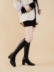 Women's Over The Knee High Chunky Heel Riding Boots For Short Stature, Square Toe Soft Pu Leather Fashion Winter Booties, Medium Heel Street Dance Boots