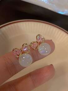 1對甜美優雅高端設計合金耳環，蝴蝶結、粉紅鑽石、美人魚和人造珍珠 - 彩色 - 查看 4