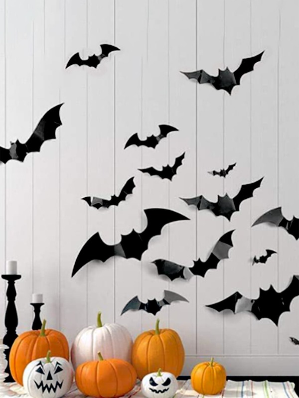16pcs Halloween Party 3D Bat Decorations, Assorted Size Mixed Self-Adhesive Scene Decals