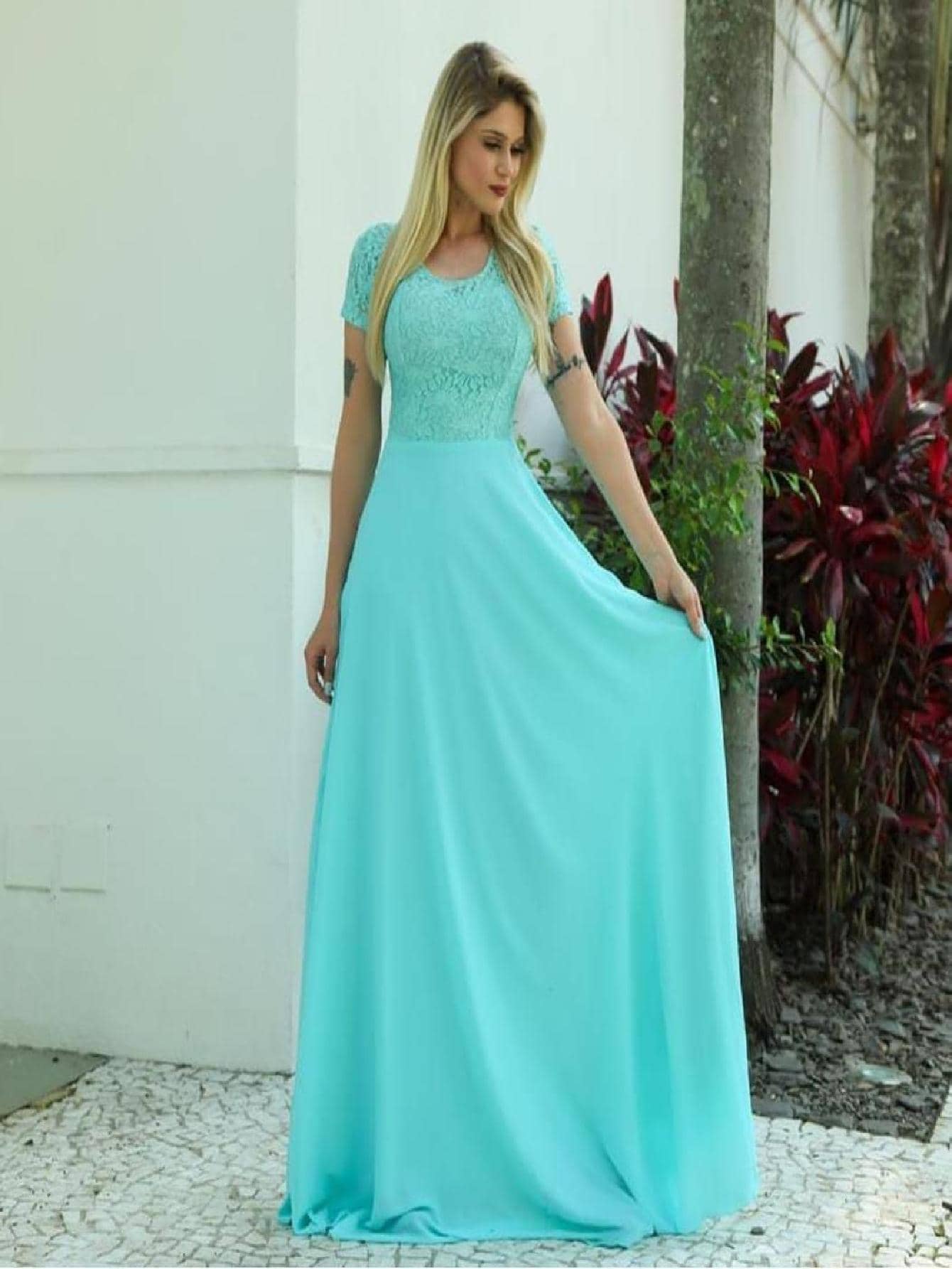 Vestido de madrinha discreto evangélico jd mãe de noiva congressos manga curto pouco brilho - Verde Menta - Visão 1