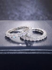 Set de 2 anillos de zirconia cúbica elegante para mujeres como regalo del Día de San Valentín, aniversario de boda, joyería para fiestas - Plateado - Ver 6