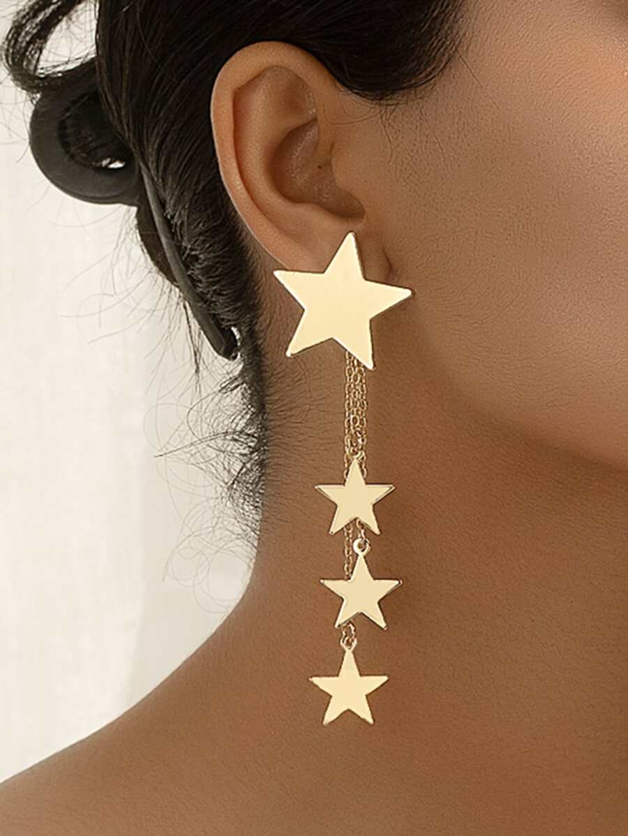 1 par Brincos Vintage com Borla em formato de Estrela e Coração em Tom Dourado da Moda para Mulheres, Presente Estiloso de Férias na Praia, Dia dos Namorados, Mãe, Dia das Mães - Dourado - Visão 1