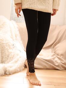 1pc 200d Lace Tights For Women, Tummy Control & Anti-fatigue, Spring And Autumn - Black - View 2