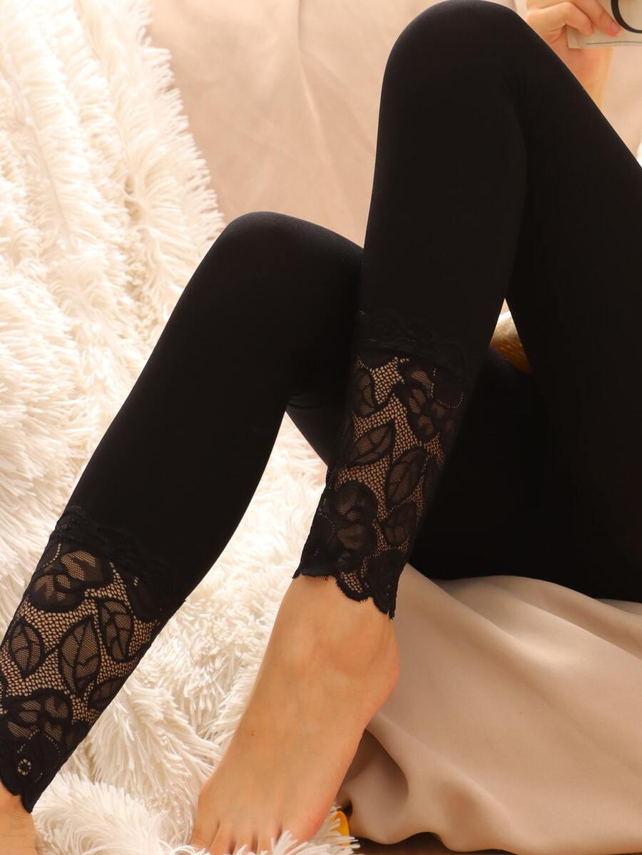 1pc 200d Lace Tights For Women, Tummy Control & Anti-fatigue, Spring And Autumn - Black - View 1