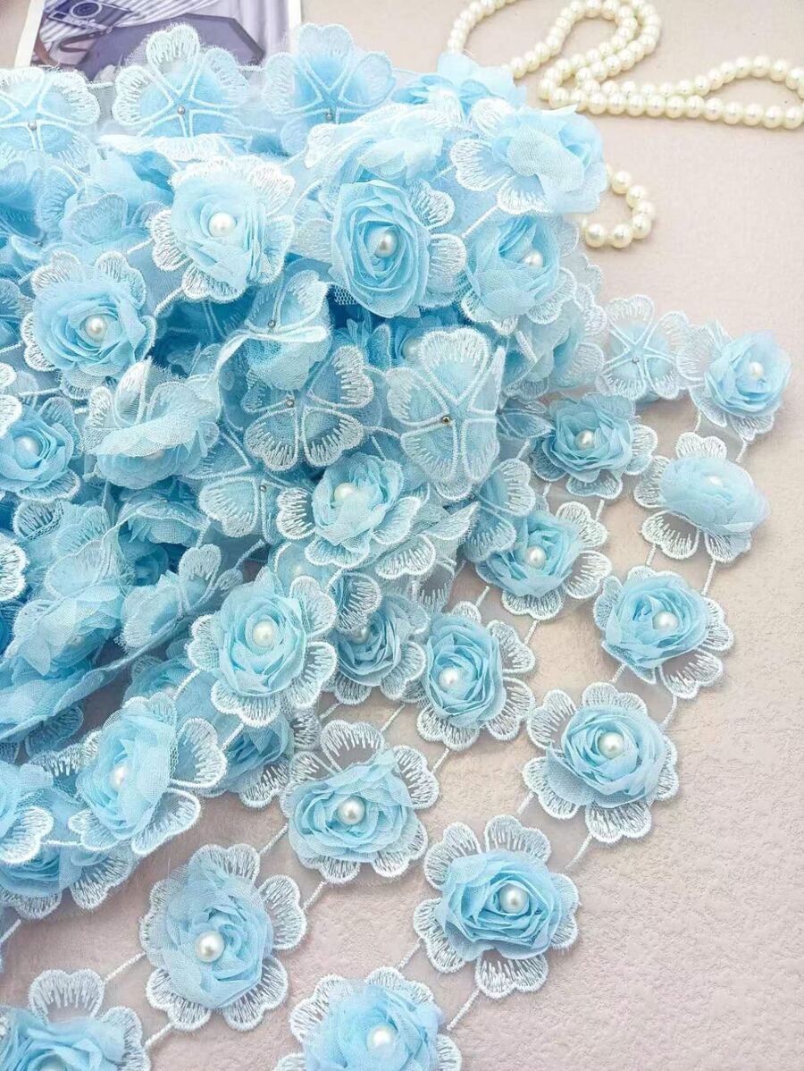 Mesh Embroidery 3d Beaded Flower Lace Ribbon For Clothing Accessories Decoration - Blue - View 1