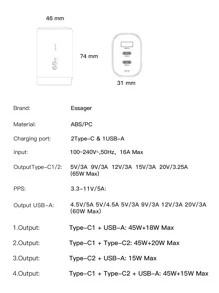 ESSAGER Essager 65W GaN USB Type C Charger For Laptop PPS 45W 25W Fast Charge Fori Realme MobilephiPhone14 13 Pro Phone Suitable For Travel, Office, Dorm, And Home Multi-Port, Adapter