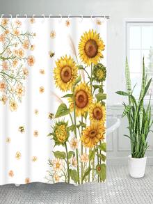 1入組聚酯纖維印刷防水浴簾,向日葵和蜜蜂設計,配上黃色波浪線條 - 彩色 - 查看 2