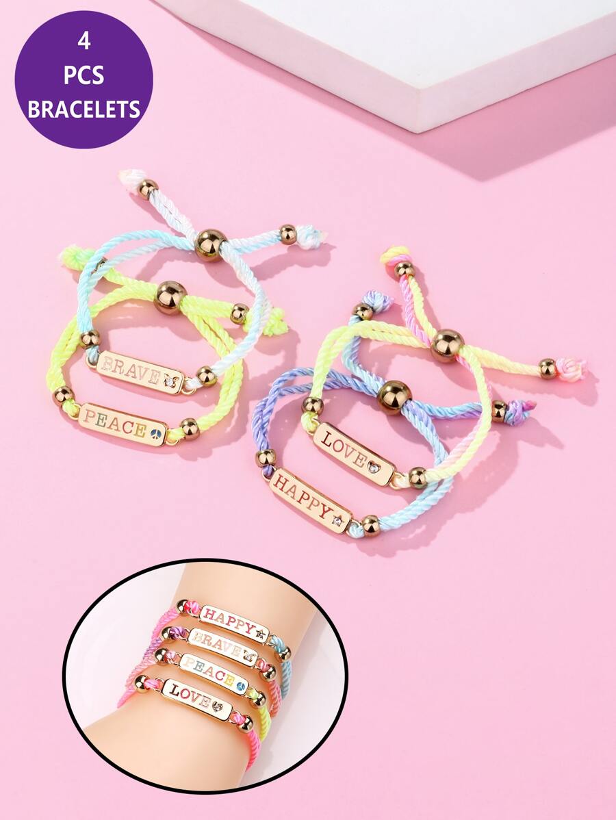 4pcs Girls English Alphabet Zinc Alloy Color Drop Oil Random Gradient Color Polyester Rope Cute Braided Bracelet Set Suitable for Daily Wear - Multicolor - View 1