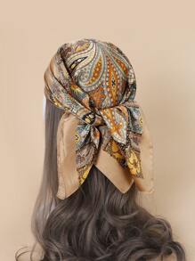 1 Pañuelo De Seda Para Mujer Impreso Con Patrón De Pashmina, Cinta De Pelo, Mascada, Pañuelo De Cuello Como Accesorio Diario - Marrón - Ver 2