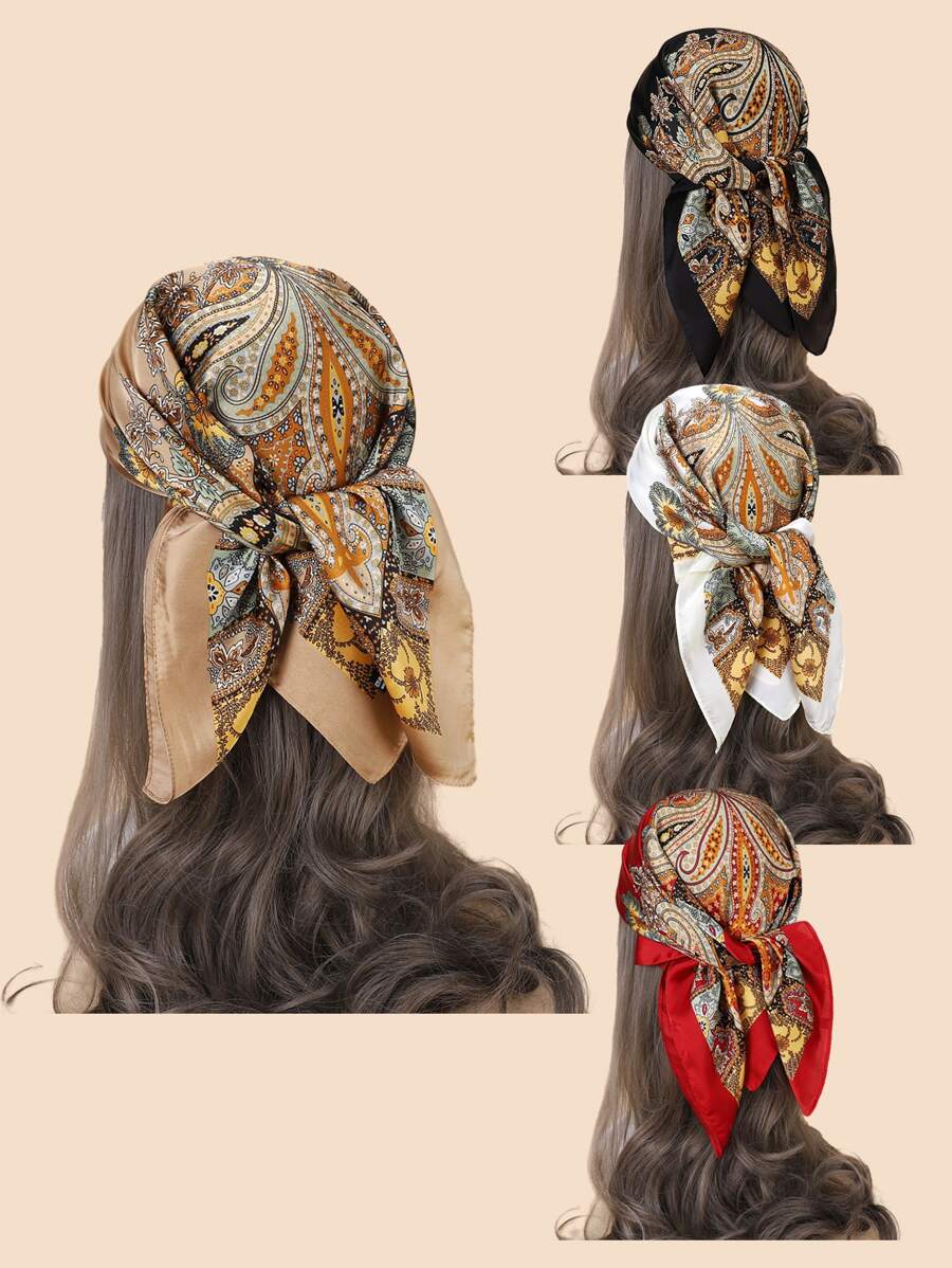 1 Pañuelo De Seda Para Mujer Impreso Con Patrón De Pashmina, Cinta De Pelo, Mascada, Pañuelo De Cuello Como Accesorio Diario - Marrón - Ver 1