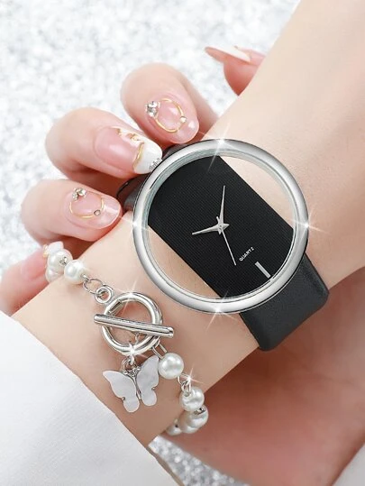 Women's Fashion Minimalist Hollow Out Dial Quartz Wristwatch With Pu Leather Strap + Bracelet (2pcs/Set) As A Gift For Students Returning To School