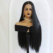 Đen Dài Thẳng Ren Mặt trước Tóc giả Glueless 13*3 Sợi tổng hợp Ren Mặt trước Tóc giả Đối với Chống nóng Mềm mại Thẳng Chất xơ Tóc Halloween Hằng ngày Tóc giả Tóc giả Chân tóc tự nhiên 24inch - màu đen - Xem 4