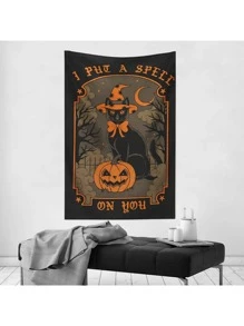 Halloween Party Black Cat & Pumpkin Horror Wall Tapestry, Suitable For Bedroom Living Room Dining Room Wall Art Decor Hanging Tapestry - Orange - View 2