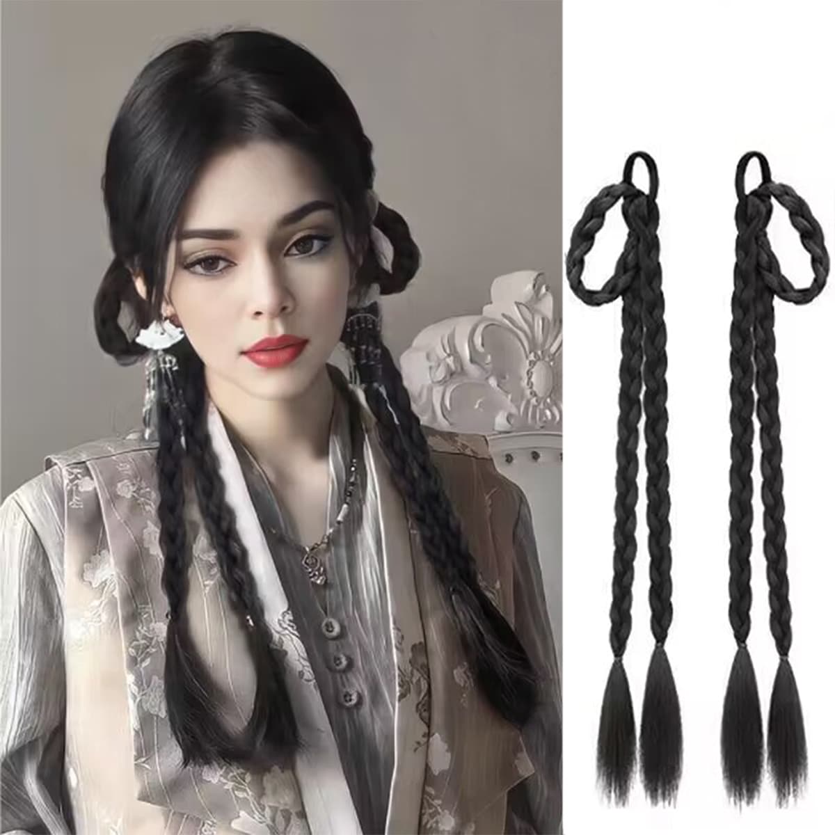 Black Hair Wig Ponytail Natural Simulation Drooping Ear Rabbit Braid ...