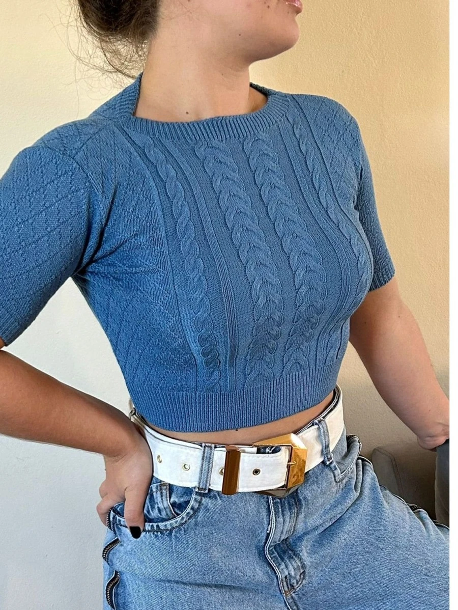 TRICOZHU   BLUSA  FEMININA MODAL  MANGA CURTO LISA - Azul petróleo - Visão 1