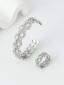 1套女士新款14k金銅製雙排鋯石鑲嵌手鏈和戒指,開口造型,適合日常穿搭搭配,時尚流行 - 銀色 - 查看 2