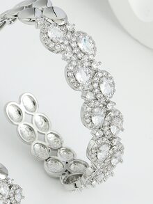 1套女士新款14k金銅製雙排鋯石鑲嵌手鏈和戒指,開口造型,適合日常穿搭搭配,時尚流行 - 銀色 - 查看 4