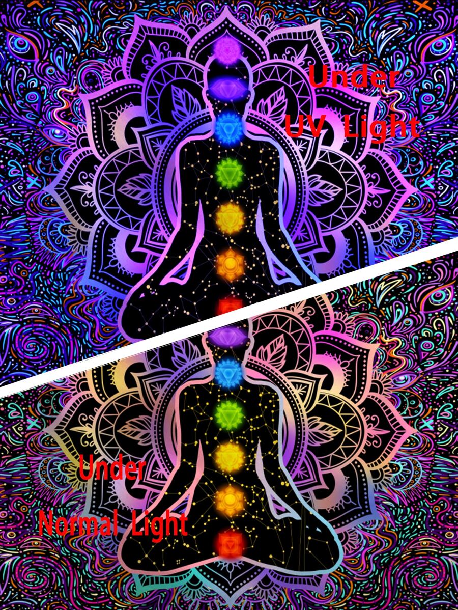 1pc Indian Buddha And Chakra Pattern Mandala Uv Light Reactive Tapestry