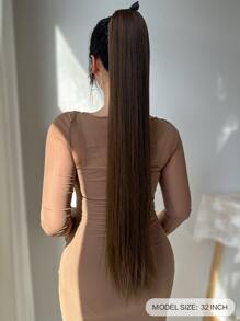 32英寸合成夹式马尾假发，长直马尾假发，耐热，女士适用 - 棕色 - 查看 3