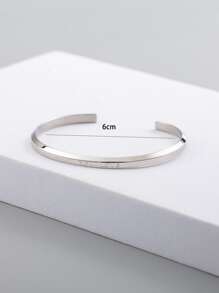 1pc Simple & Fashionable Stainless Steel Thin Open Bangle With Adjustable Alphabet Pattern, Unisex For Daily Wear - Silver - View 5