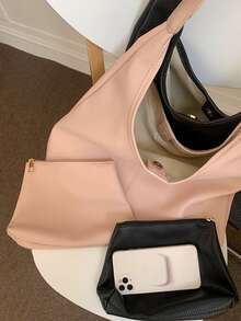 極簡流浪包,新款時尚荔枝有圖案休閒托特包帶大容量和內包 - 黑色 - 查看 5