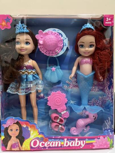 Boneca Pequena Sereia Com Cauda  Iluminada c/ menina pequena e acessorios