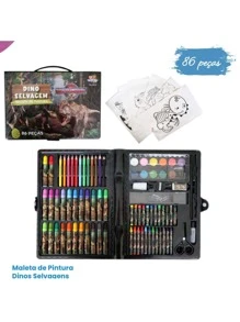 Maleta De Pintura Infantil Estojo Material Escolar 86 Peças Dinossauro - Multicolorido - Visão 2