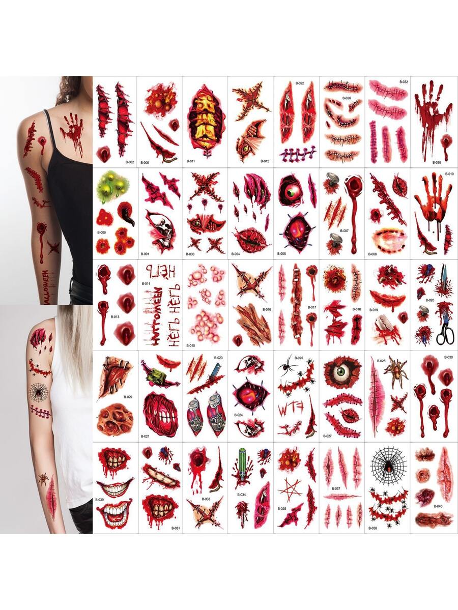 10pcs Halloween Horror Scar Tattoo Stickers, Waterproof Temporary Fake Wound Stickers