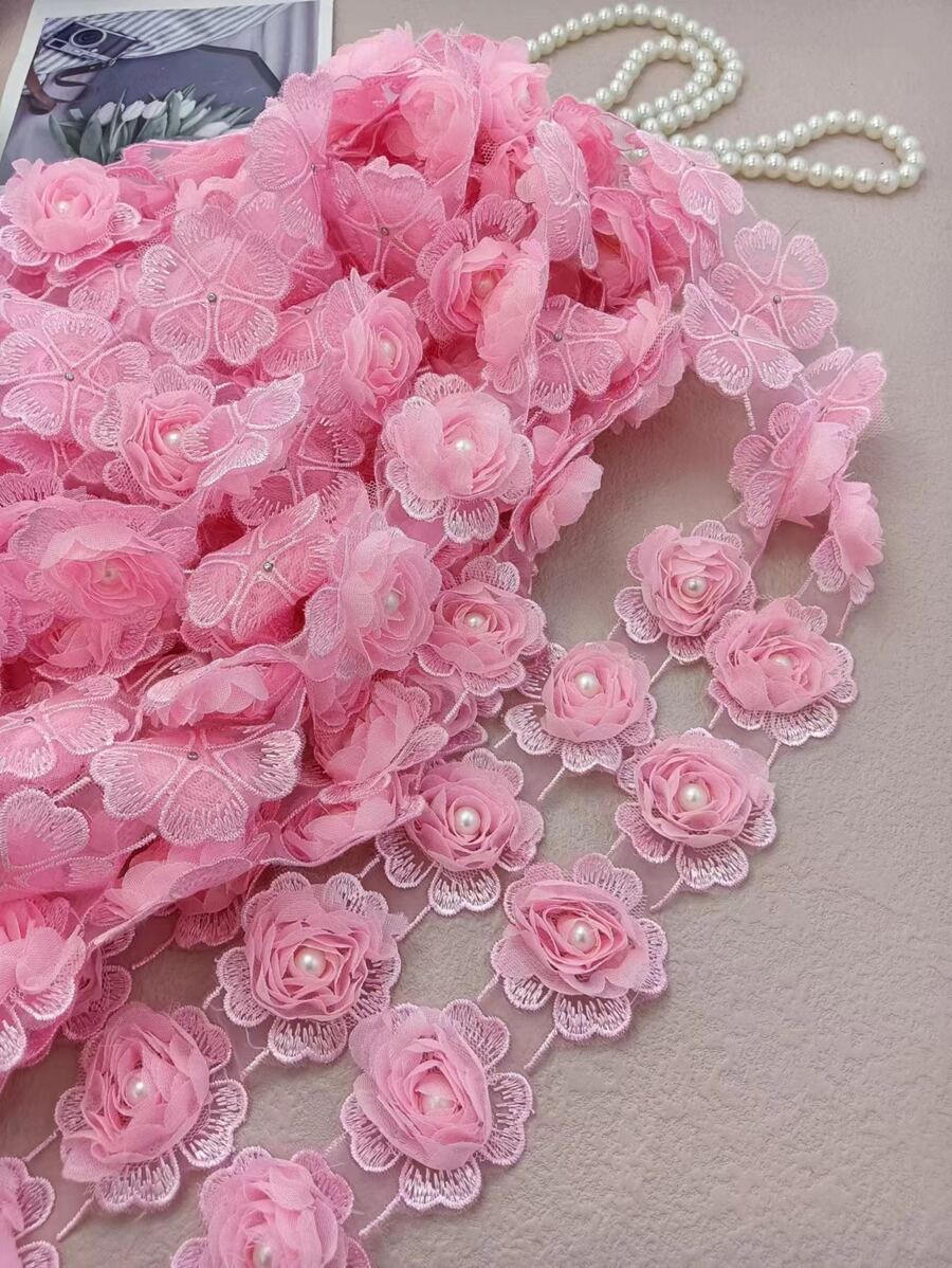 Mesh Embroidered 3d Beaded Flower Lace Trim Decorative Ribbon For Clothing Accessories - Pink - View 1