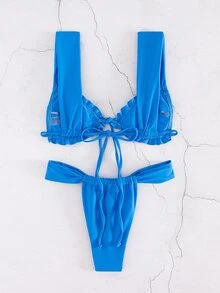 Nuevo conjunto de bikini de unicolor sexy para mujer, con diseño de lazo frontal y volantes, para el verano - Azul - Ver 6
