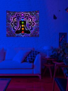 1pc Indian Buddha And Chakra Pattern Mandala Uv Light Reactive Tapestry, Modern Fiber Wall Hanging, For Home Decoration, Free Installation Kit, Easy To Hang, Room Decor, Flags For Room, Room Stuffs - Multicolor - View 8