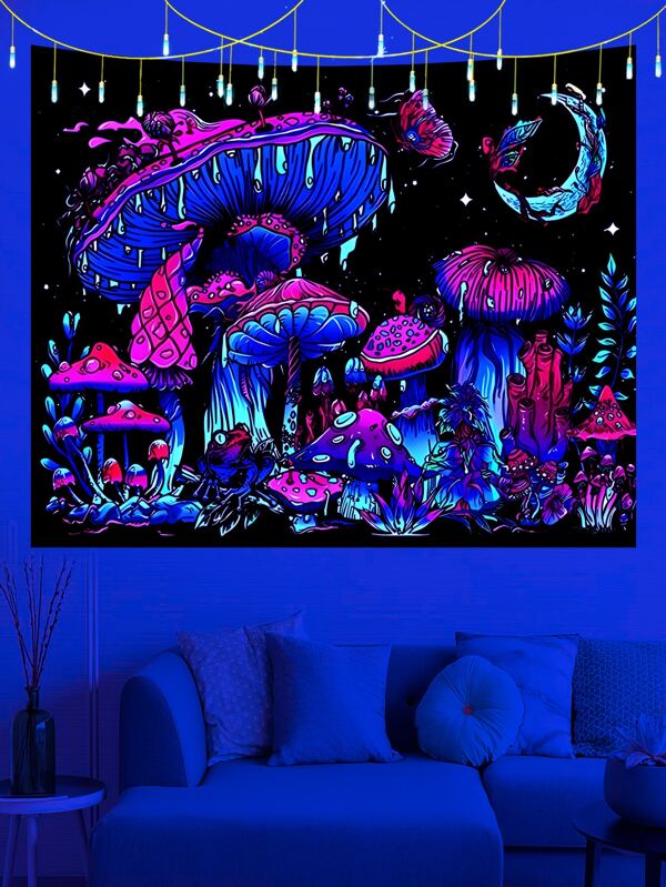 1pc Mushroom & Moon Pattern Uv Tapestry, Wall Hanging Decor For Living