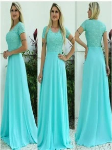 Vestido de madrinha discreto evangélico jd mãe de noiva congressos manga curto pouco brilho - Verde Menta - Visão 2