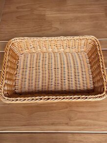 1pc Imitated Rattan Rectangle Bread Basket, Plastic Storage Basket For Travel - Coffee Brown - View 5
