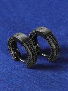 1 Pair Unisex Hip Hop Style Cubic Zirconia Hoop Earrings, Miro Pave CZ Gunmetal Black Nanocoating Personalized Fashion Copper Gold-Plated Earrings - Gun Black - View 4