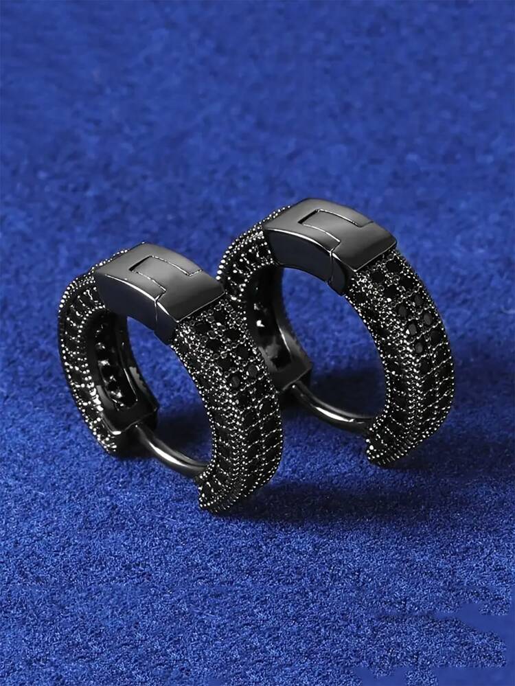 1 Pair Unisex Hip Hop Style Cubic Zirconia Hoop Earrings, Miro Pave CZ Gunmetal Black Nanocoating Personalized Fashion Copper Gold-Plated Earrings