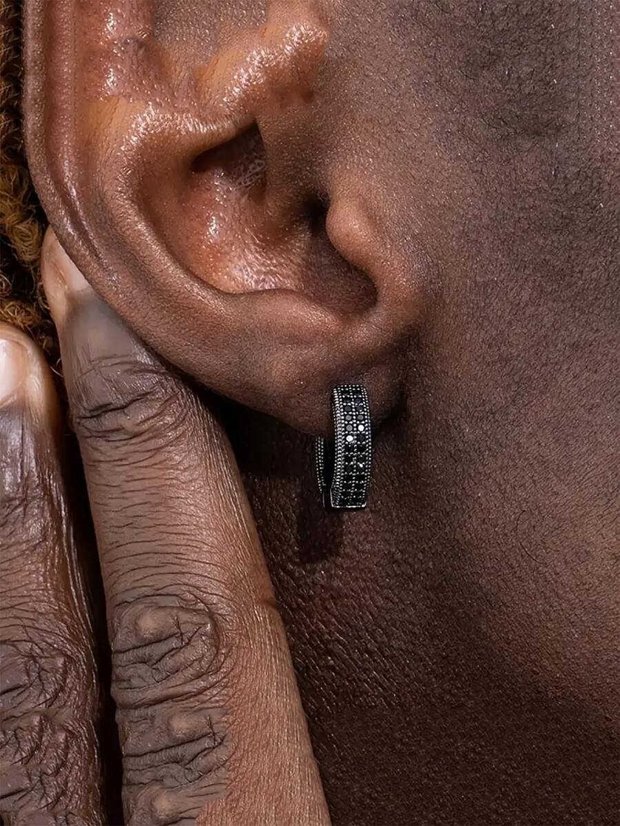 1 Pair Unisex Hip Hop Style Cubic Zirconia Hoop Earrings, Miro Pave CZ Gunmetal Black Nanocoating Personalized Fashion Copper Gold-Plated Earrings - Gun Black - View 1