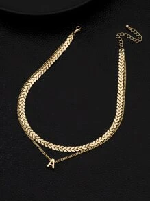 1條時尚金屬魚骨鍊&字母吊墜多層項鍊 - 金黃色 - 查看 4