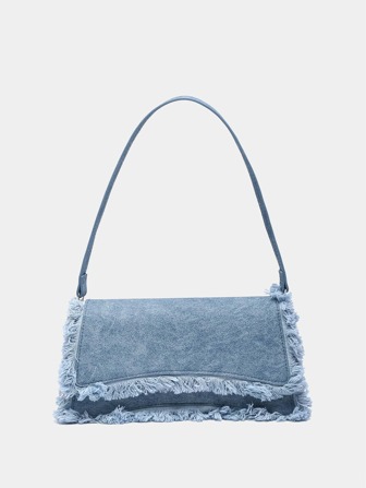 1 pièce Sac carré à épaule unique bleu avec décoration de franges et rabat pour les femmes, sac à main en jean vintage pour femmes