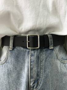 1pc Square Buckle Black Pu Leather Belt, Versatile Minimalist Stylish Waistband For Students Summer, School Fall, Autumn, Halloween - Black - View 1